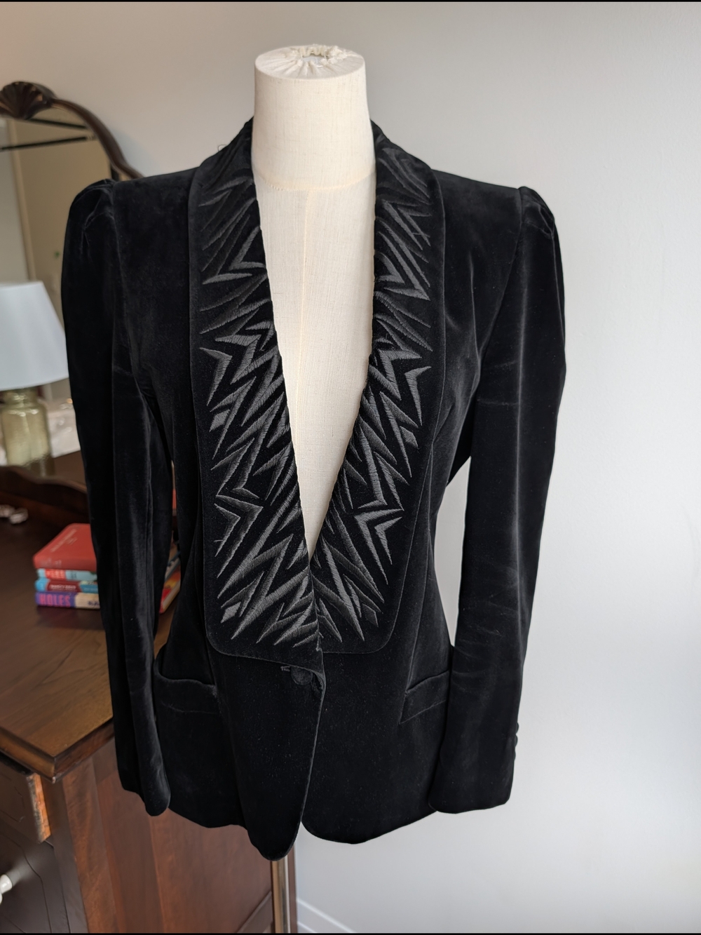 Vintage Escada Black Velvet Blazer with Zigzag Embroidered Shawl Lapel